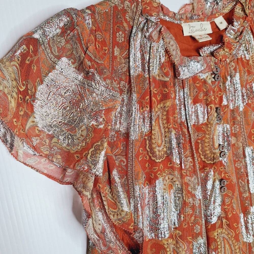 Anthropologie Let Me Be Vanna Shimmer Paisley Top Flutter Sleeve Pleated Medium - Picture 7 of 11